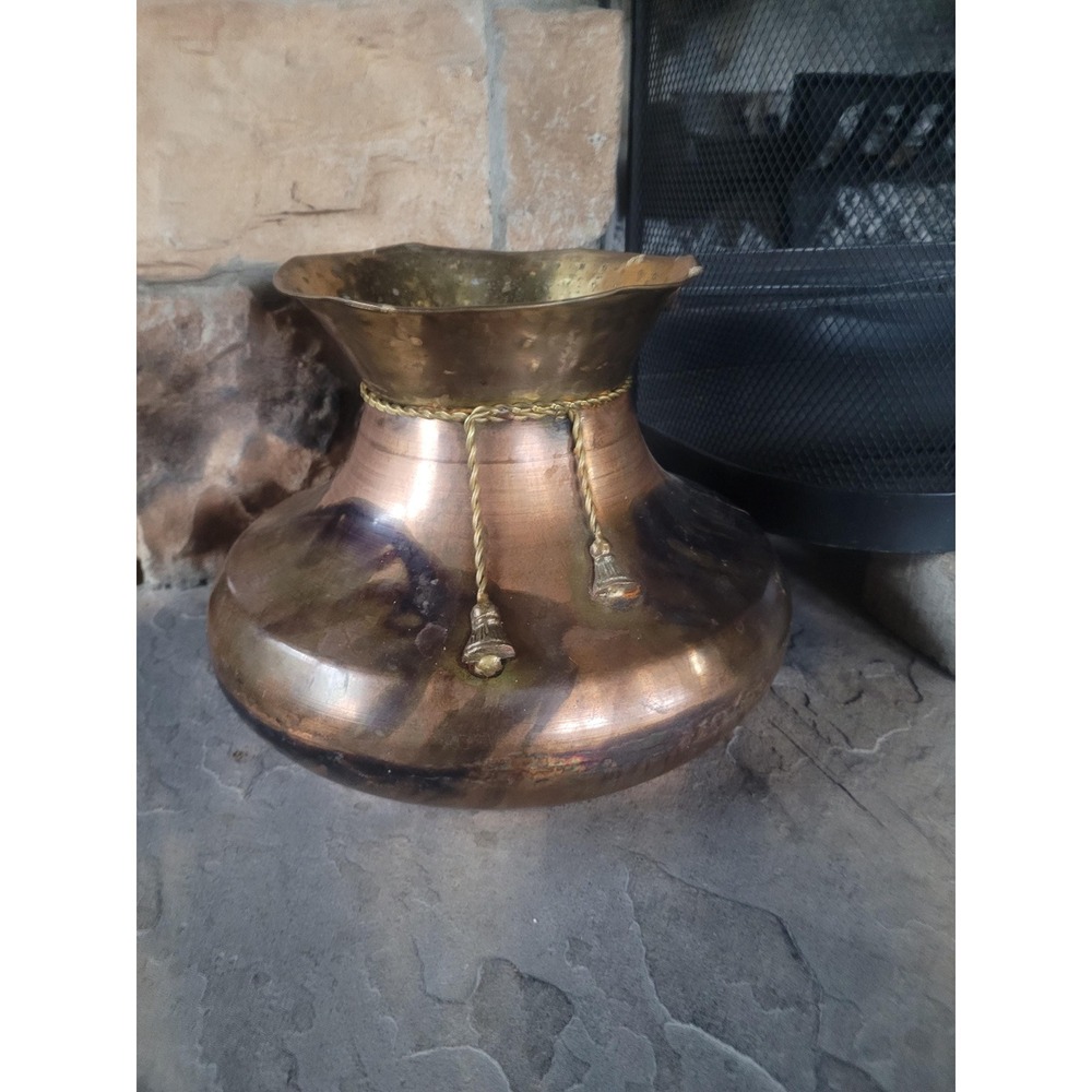 Vintage Copper & Brass Planter Vase Mid‎ Century Hammered Jardiniere Patina